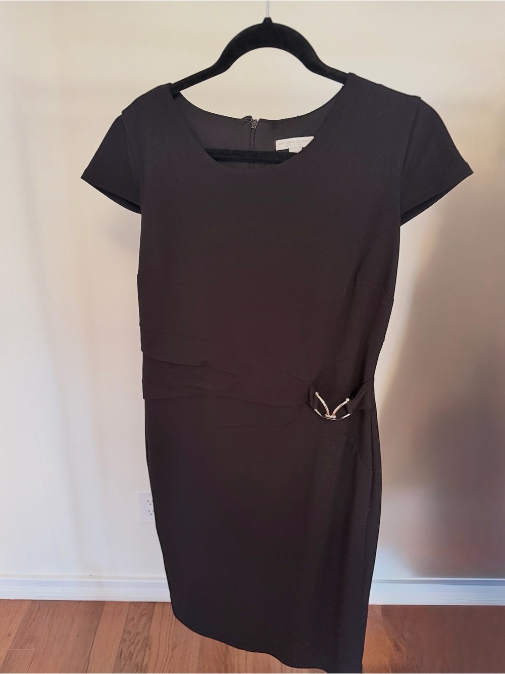 New York & Company Black Midi Sheath Dress with Silver Buckle